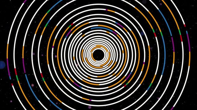 Animation of dynamic circles tunnel rotating in starry space. Video loop of dynamic colorful circumcentric circles on a black background