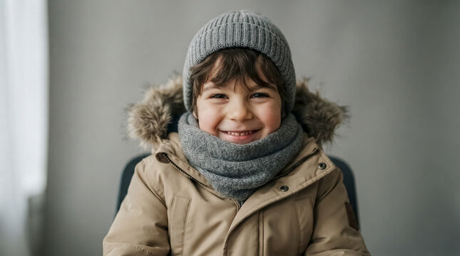 Smiling child wearing winter hat, scarf, and coat