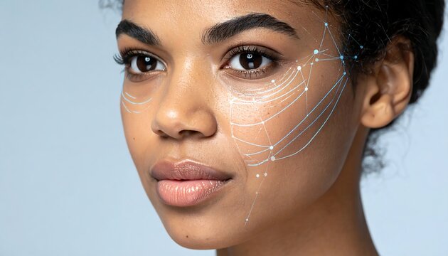 A young woman's face with a digital facial mapping overlay
