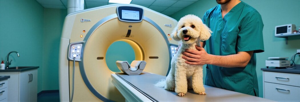 Veterinarian with small dog near CT scanner. Animal medical exam in clinic. Vet tech ready for pet imaging procedure. Canine healthcare at modern hospital.