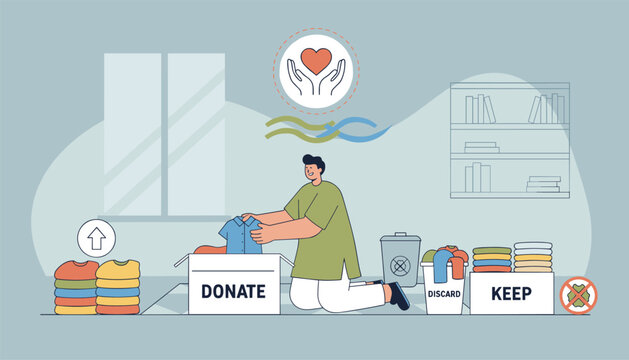 Young man sorting his personal wardrobe into donate keep and discard boxes for charity and home organization.