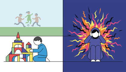Fototapeta premium Autism and sensory overload illustration depicting children playing, a boy with blocks, and a person suffering from noise.