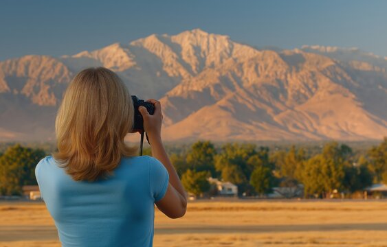 Woman stands with closed eyes, holding a film camera toward a mountain range, remembering the scene in front of her
