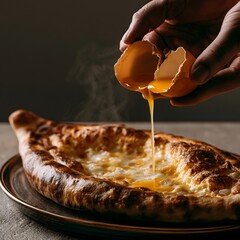 Fototapeta premium Egg cracking scene over Georgian khachapuri with melted cheese
