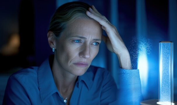 Close-up of a parent looking sad and determined while deciding to delete years of content from a social media app in low light