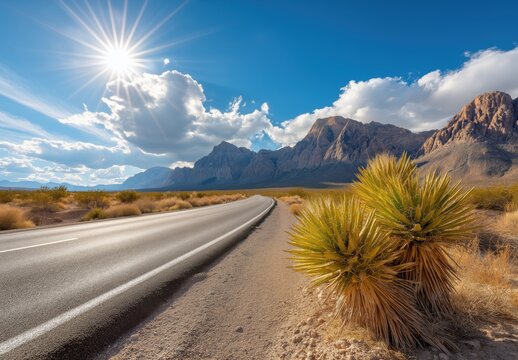 A winding road cuts through a desert landscape featuring mountains, Joshua trees, and a bright sun setting in the sky