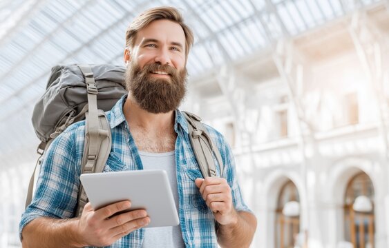 A bearded young man walks through a bright train station, checking his tablet while carrying a backpack