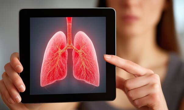 Doctor points to diagram on tablet showing effects of sedentarism on heart and muscles to concerned patient in a clinical office