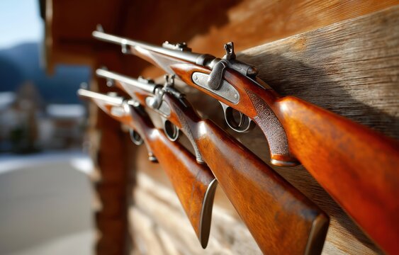 Three firearms are arranged on a reclaimed wood wall in a study, showcasing a historical collection in warm afternoon light