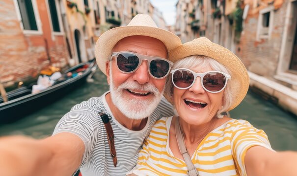 Couple smiles together on a gondola in Venice. They wear hats and sunglasses. They capture their fun vacation moment