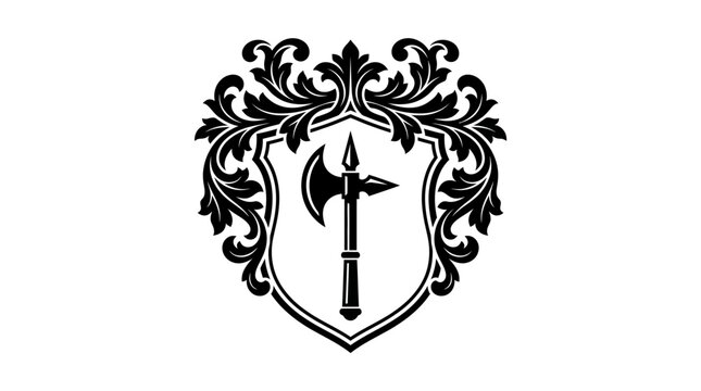 Elaborate medieval halberd crest with decorative filigree