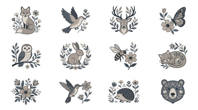 Folk art woodland animal and floral icons