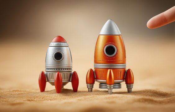 Child's hand reaches for a shiny moon lander near a red toy rocket half-buried in a sandbox in a backyard play area