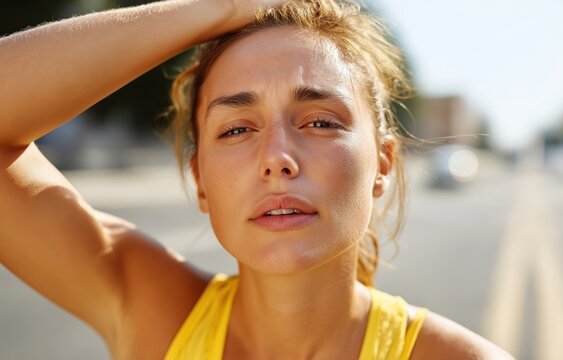 A long-distance runner stumbles on a hot city street, struggling with dehydration and feeling disoriented under bright sunlight