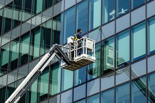 Man in safety harness works on aerial platform cleaning tall office building glass facade. Worker uses squeegee pole for exterior window washing at height on sunny day.