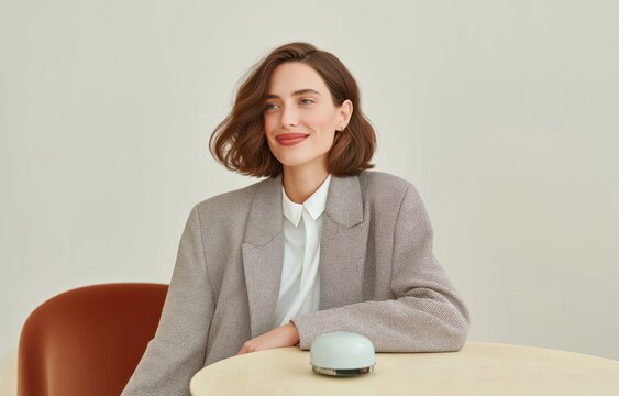 A woman sits at a round cream-colored table with a small bell, smiling and looking sideways against a plain white backdrop