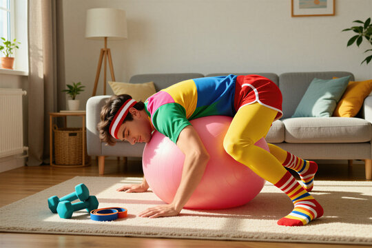 Funny tired man slepic on fitness ball. Young guy in retro sportswear naps after exercise. Home workout, lazy athlete, gym humor, fitness fail concept, yoga ball rest.