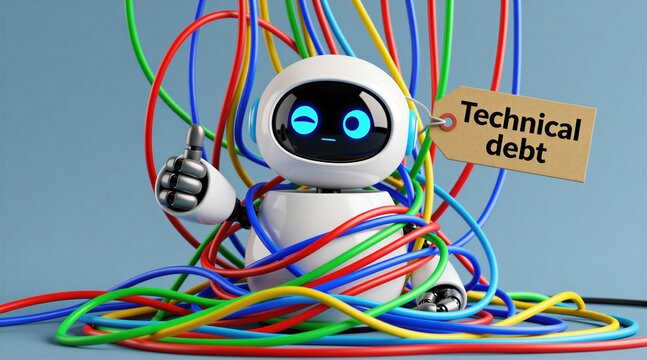 Cute robot tangled in colorful wires gives thumbs up. Card attached to robot reads technical debt. Concept for software complexity and legacy system issues.