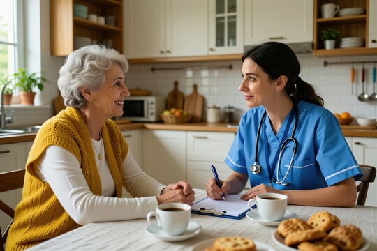 Nurse visits elderly woman at home for consultation. Healthcare worker in uniform talks with senior lady, taking notes in kitchen. Support, care, advice shared over coffee and cookies.