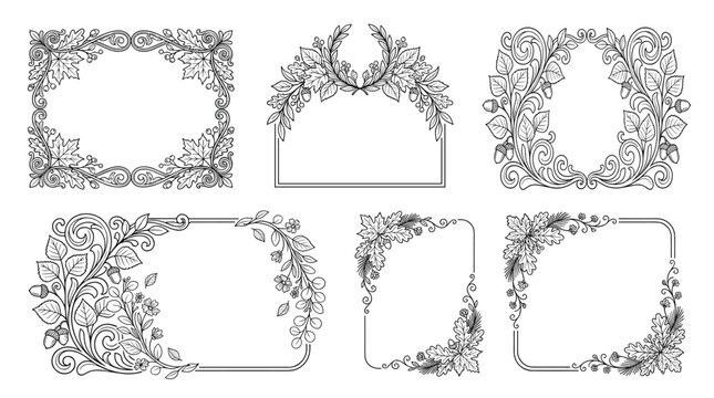 Autumn leaves decorative frames and borders vector set, hand drawn fall foliage design for harvest cards and Thanksgiving.