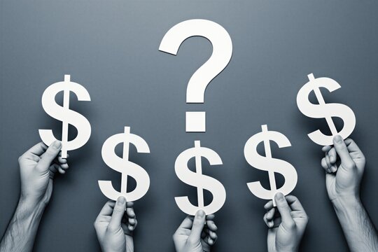 Multiple hands hold large dollar signs below a giant question mark. Symbolizes financial uncertainty, money questions, investment choices, and economic puzzles.