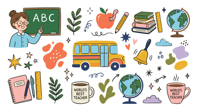 Back to school doodle collection featuring female teacher character yellow school bus stationary supplies and classroom objects in colorful hand drawn style.
