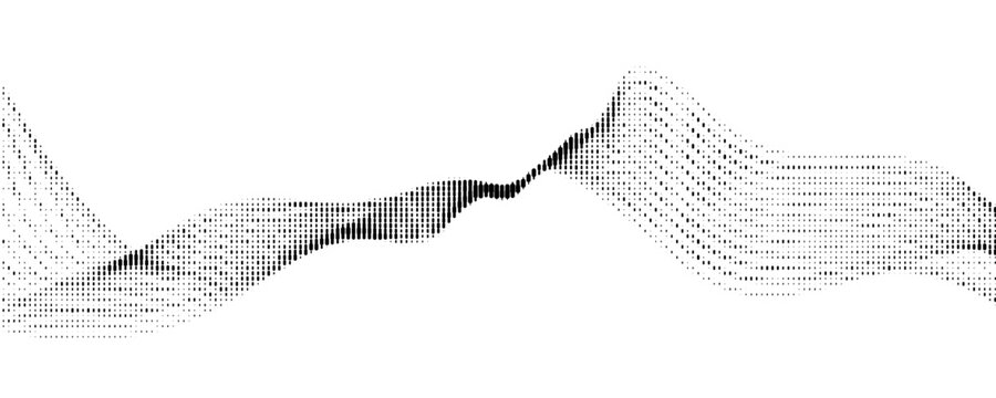 Abstract black halftone wave of vertical dashed lines. Monochrome wavy equalizer stream with dynamic gradient texture, tech design isolated on white background. Monochrome halftone wave. Vector