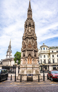 Queen Eleanor Memorial Cross in Charing Cross Station forecourt, designed by architect Edward Middleton Barry, sculptor Thomas Earp. A Victorian Gothic Revival replica, in London, United Kingdom