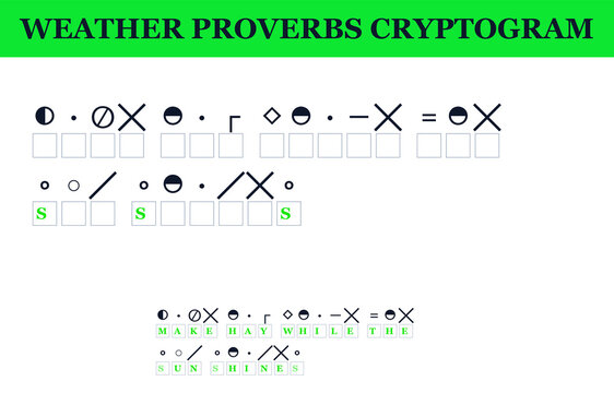 Weather proverbs cryptogram with symbols and letters on white background  