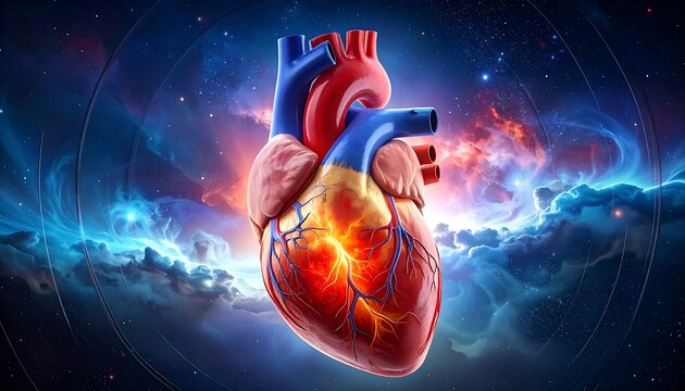 Abstract digital art of glowing red human heart with energy waves.