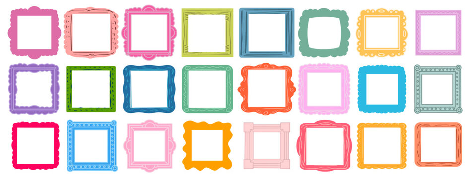 Kid vector square photo frame for photos or pictures. Cute border for children. Scrapbook cartoon design concept. Handdrawn doodle vector set. 