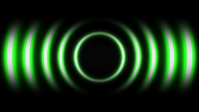 Bright green neon audio visualizer with multiple concentric sound wave circles pulsing on black background for digital music equalizers electronic beats podcast and tech visuals. 4k