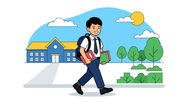 Happy School Boy Walking to School with Backpack Flat Vector Illustration