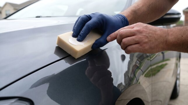 Person wearing blue gloves applying polish to a dark grey car exterior with a sponge