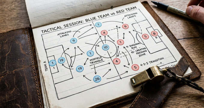 Football tactical session diagram notebook with vintage whistle