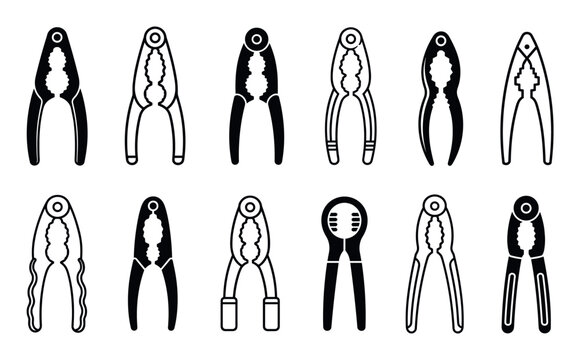 Nutcracker tool icons set in flat style featuring various designs of metal kitchen utensils for cracking nuts and seafood shells