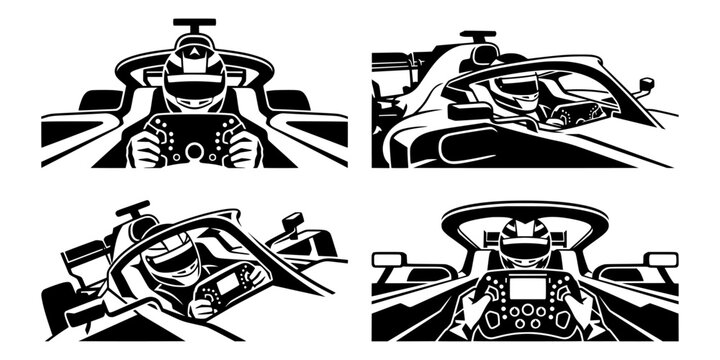 Motorsport Racing Car Driver Cockpit Silhouette Vector Set, Minimalist Graphic of Open-Wheel Race Car Driver with Steering Wheel and Helmet