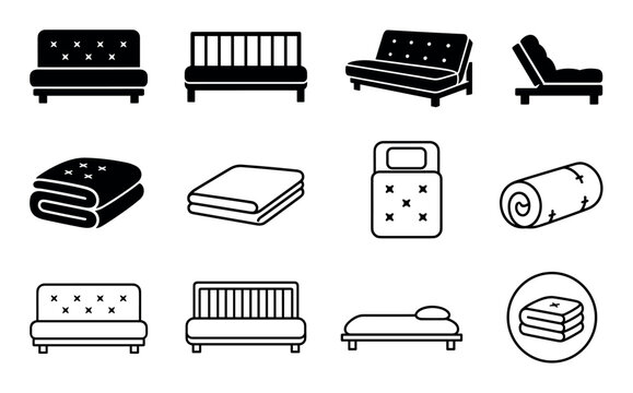 Futon and sofa bed icon set featuring various styles of convertible couches, folded mattresses, sleeping mats, and modern living room furniture in black and white line art