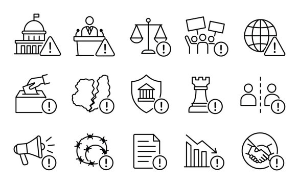 Political risk and social instability icon set featuring linear symbols for government crisis, election fraud, public protest, economic decline, and geopolitical conflict