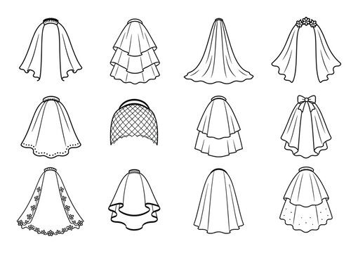 Bridal veil line art vector illustration set featuring various styles of wedding veils with combs, headbands, bows, and floral decorations