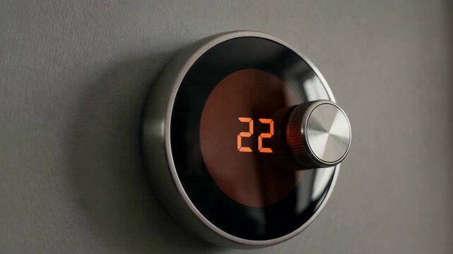 A close-up shot of a hand adjusting a modern smart thermostat on a wall, turning the dial to increase the room temperature from 18 to 22 degrees for home comfort and energy efficiency.