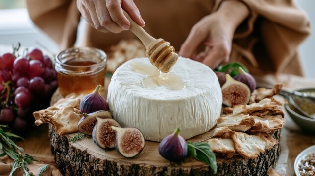 Hands drizzle honey over round goat cheese on wood slice board beside figs, grapes and crackers. Tabletop spread fills background with jar of honey and fresh fruit