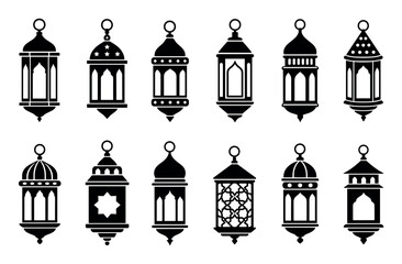 Obraz premium Traditional Arabic lantern silhouette icons set representing Islamic culture and festive decorations for Ramadan Kareem and Eid Mubarak celebrations