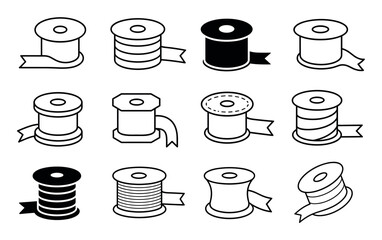 Obraz premium Black and white spool icons featuring various designs of thread bobbins and ribbon rolls for sewing tailoring and crafting projects