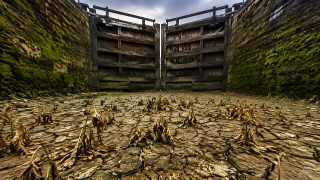 Dry canal lock massive wooden doors towering baked mud dying plants pure visual water scarcity drought impact
