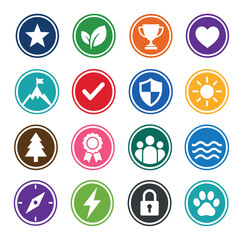 Fototapeta premium Colorful round icon set with various symbols including star, leaf, trophy, heart, mountain, checkmark, shield, sun, tree, ribbon, people, waves, compass, lightning, lock, and paw print
