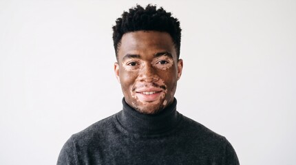 Obraz premium Portrait of a happy African American man with vitiligo. Smiling guy wearing turtleneck sweater posing against white wall. Concept of diversity, self-acceptance and natural beauty.