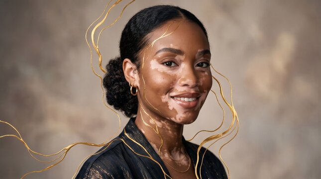 Portrait of a beautiful African American woman with vitiligo skin condition. Elegant lady with glowing skin and gold line art elements. Concept of self acceptance and beauty diversity.
