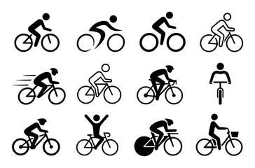 Obraz premium Bicycle rider stick figure icons set representing various cycling activities including road racing mountain biking and casual commuting