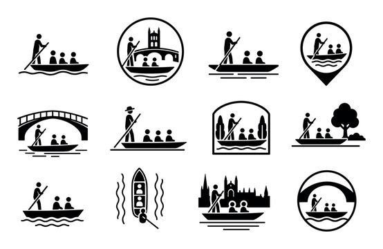 Punting boat icons set with people rowing on a river under historic bridges and past old buildings in a classic university town style
